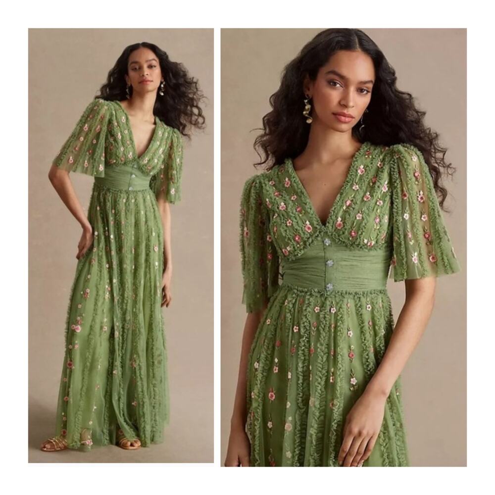 Mac Duggal 8028 Green Moss Floral Embroidered Tulle Gown Flutter Sleeve Dress 18